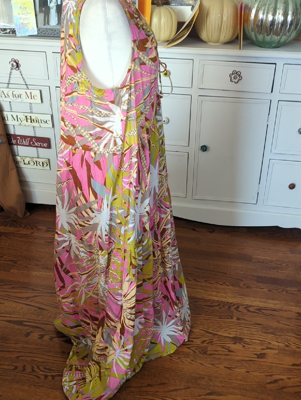 Sleeveless Pink & Yellow Tropical Floral Tiered Maxi Dress Boho Sz Halter XL - Picture 4 of 9